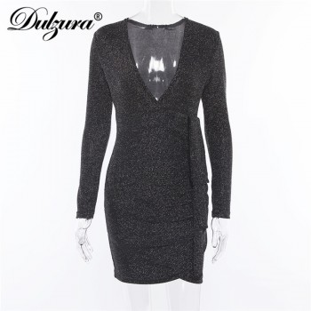 V neck long sleeve glitter sparkle elegant Black Dress